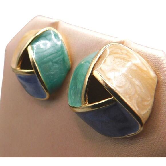 Pierced Earrings Retro Teal Green Blue Beige Enamel Geometric Gold Tone SKU 2224 - Picture 3 of 8